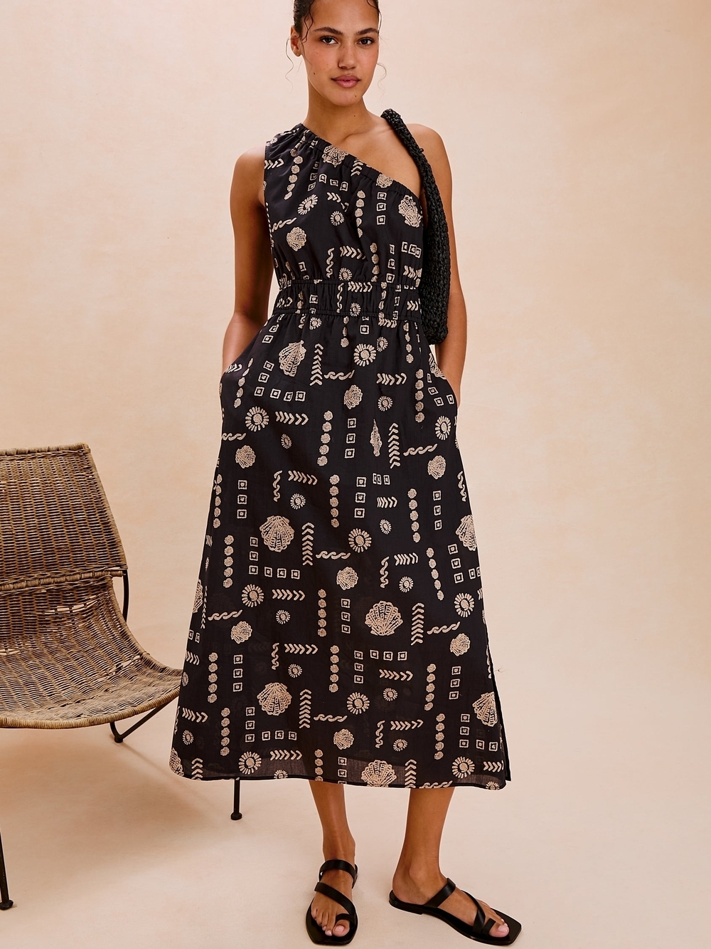 Rails Selani One-Shoulder Black Patterned Midi Dress Size L
